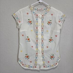 JOY Embroidered Short Sleeve Shirt Womens XXS / XS Floral Top Casual Summer